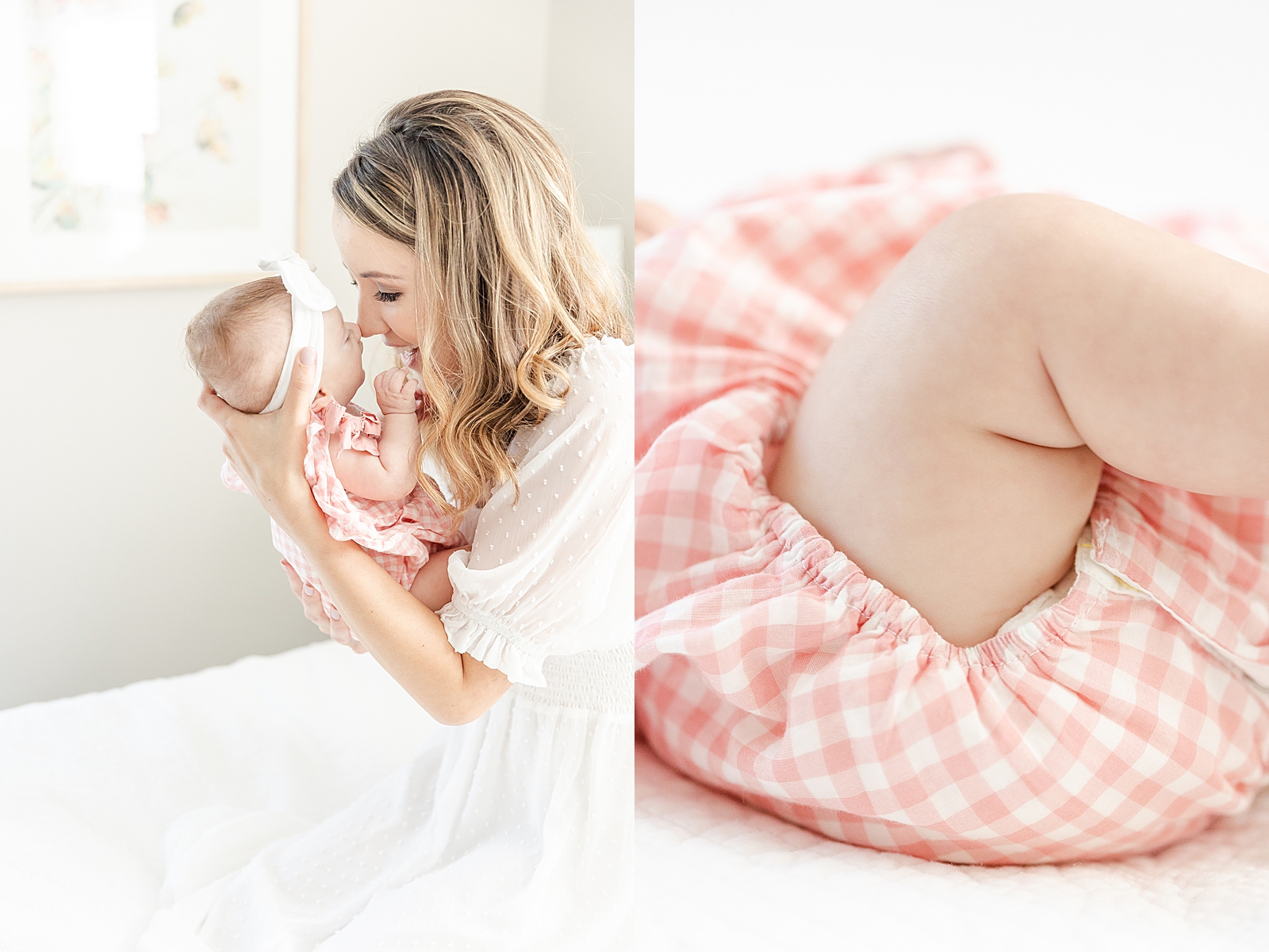 mom nose to nose with baby sitting on white bed with close up shot of baby thigh rolls
