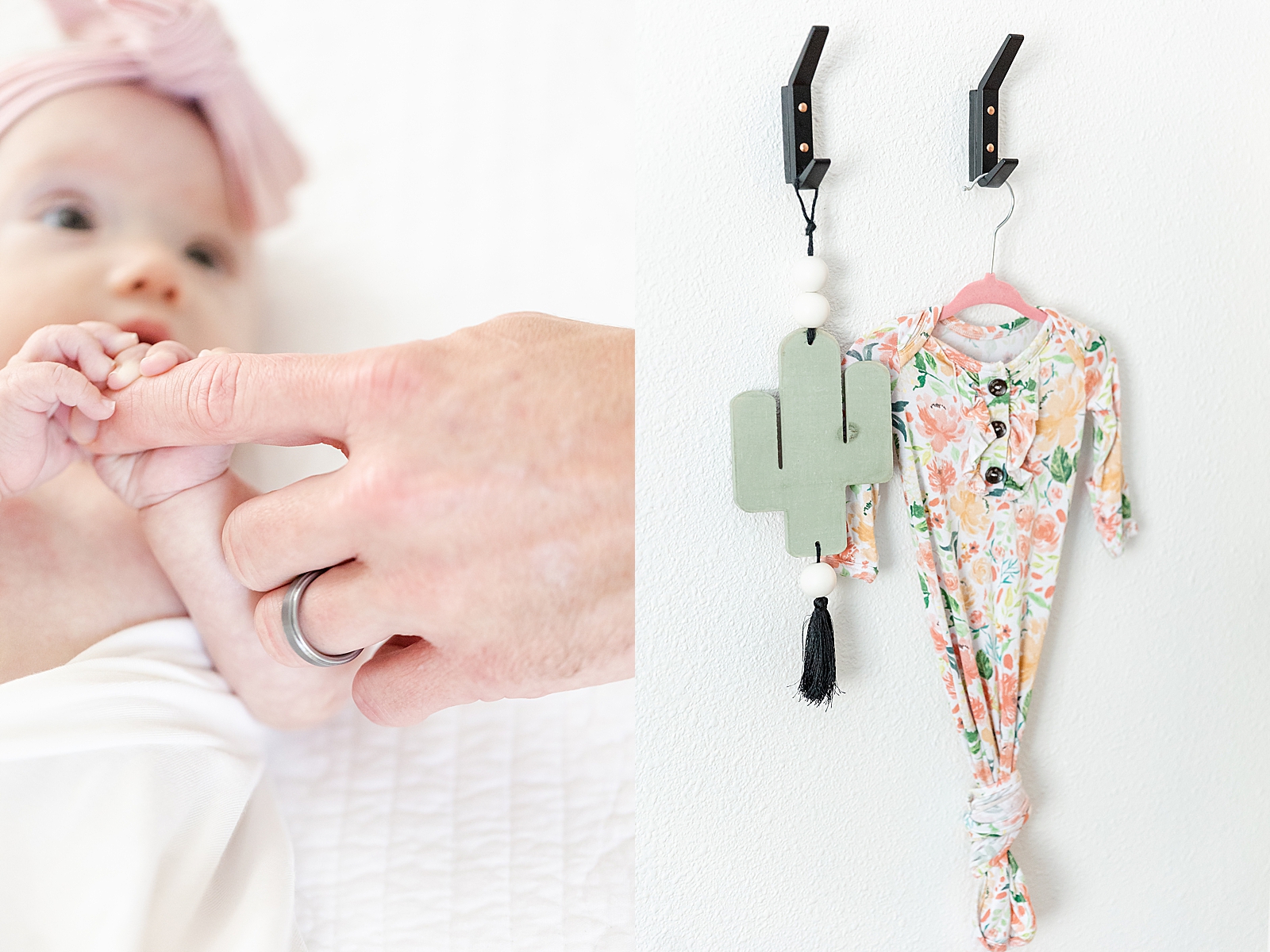 baby holding dads finger with wedding ring in focus with cactus nursery decoration and floral layette