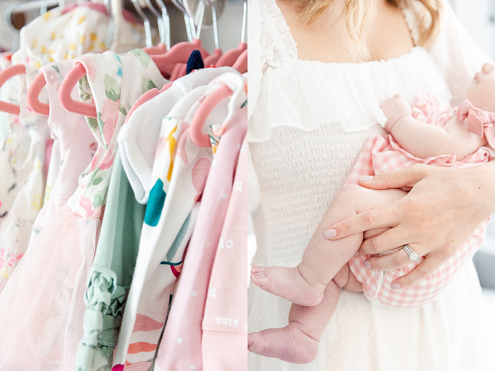 mom holding baby with close up on wedding ring and picture of baby clothes hanging in closet