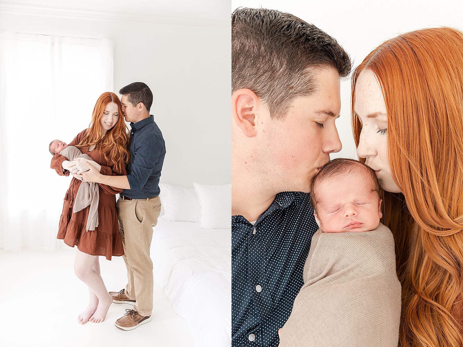 Mom and dad kissing baby for newborn photos