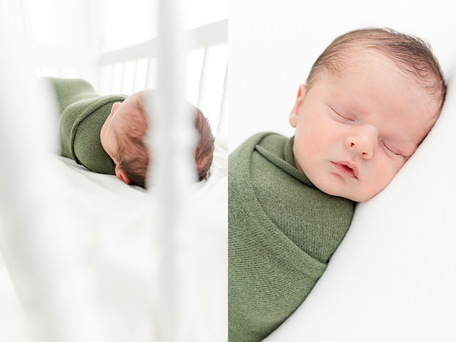 Sleeping baby in green swaddle newborn photos