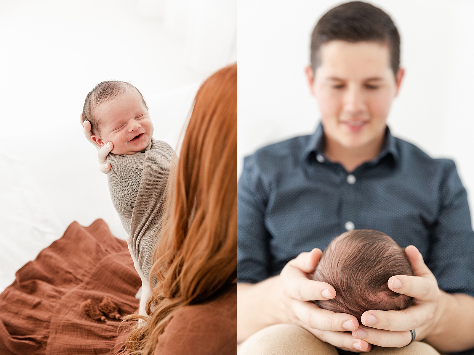 mom holding smiling baby for newborn photos while dad holds out baby in front of him looking at baby