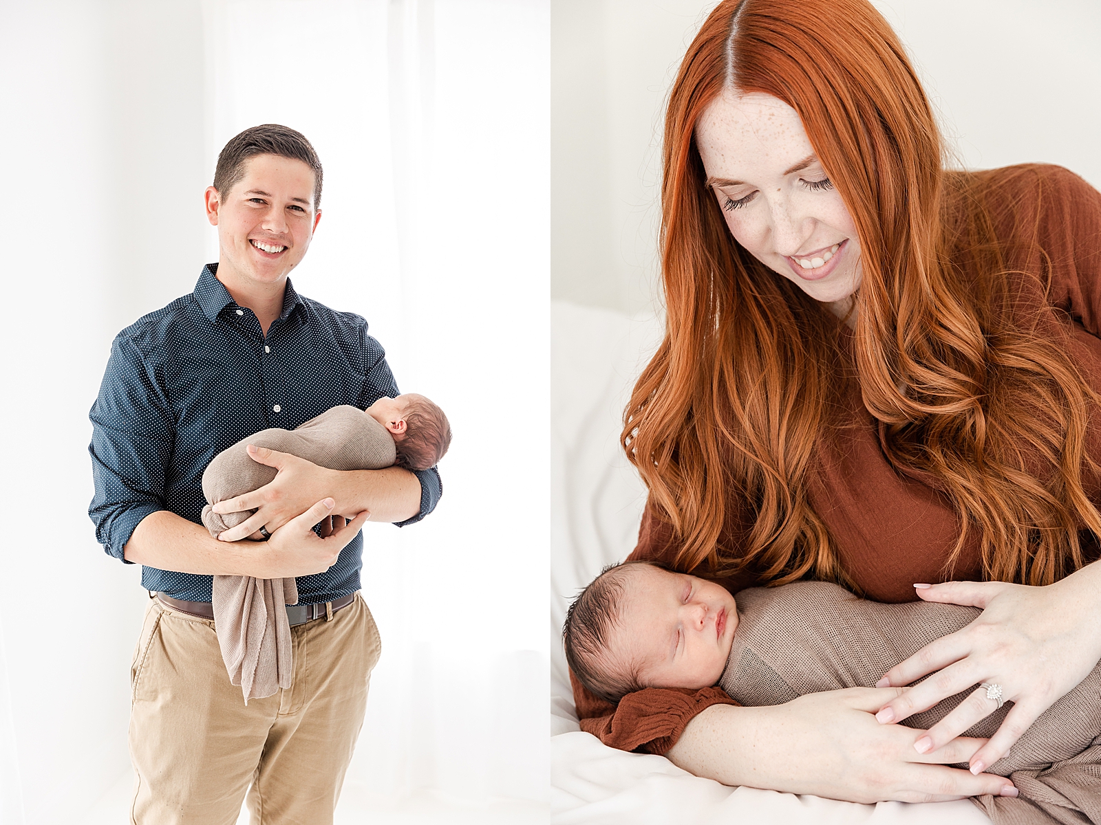 Mom and dad smiling with baby at newborn session