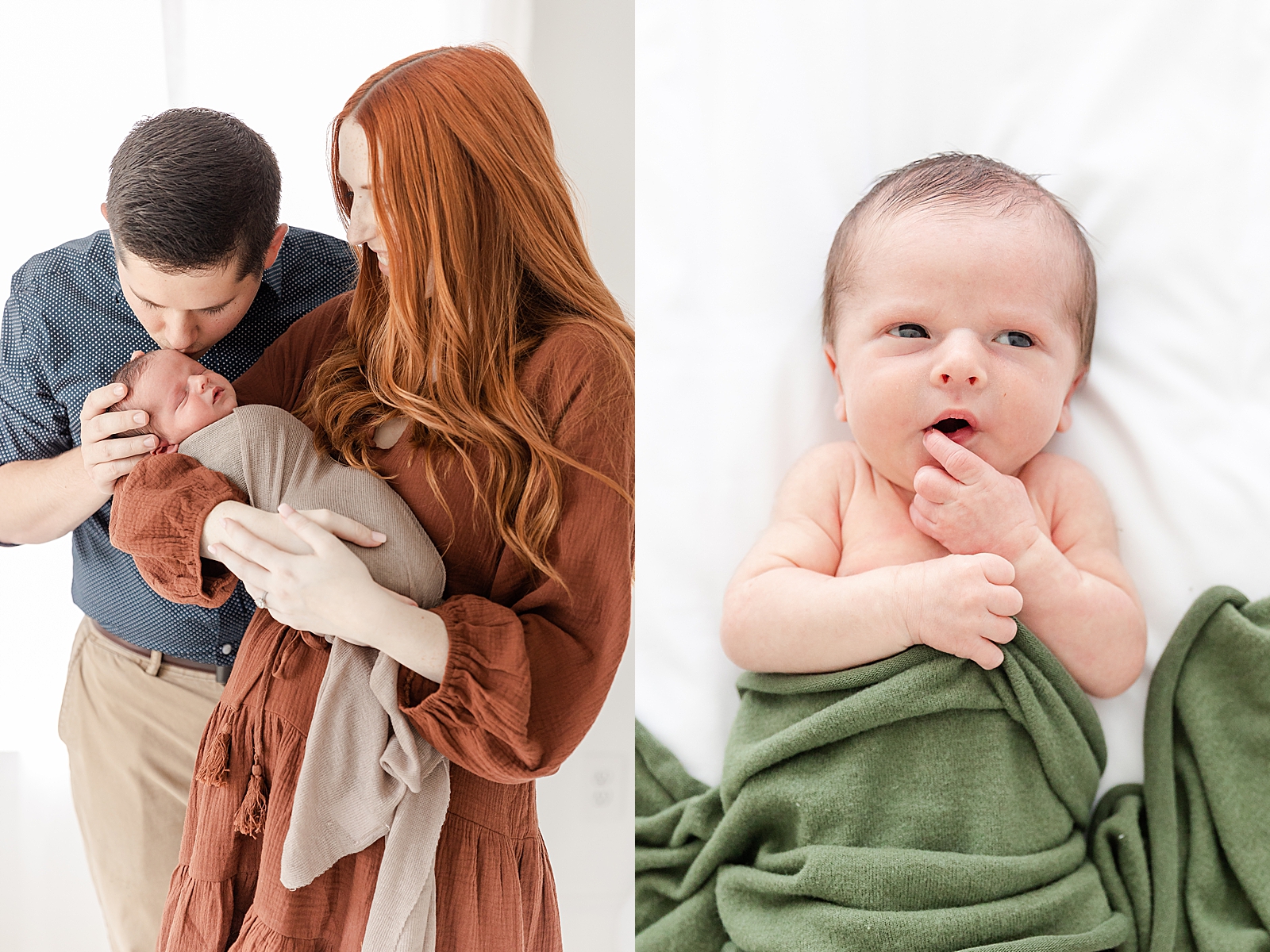 dad kissing baby head with mom holding and awake baby in green swaddle for newborn photos