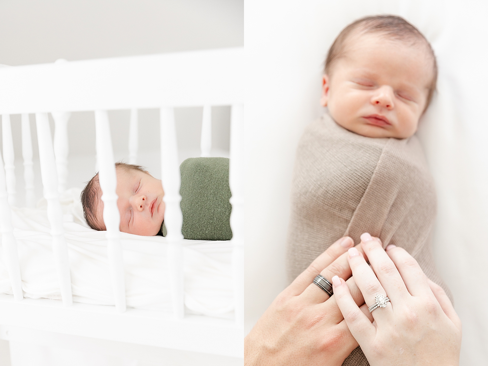 baby in green swaddle smiling through the crib bars and baby swaddled in a tan swaddle with parents ring fingers as a close up