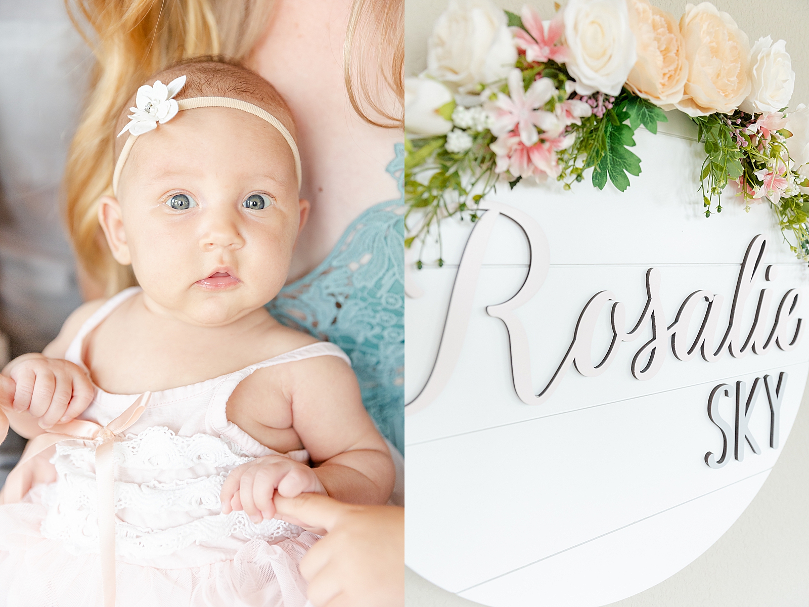 baby girl looking at camera with flower headband sitting in moms lap and detail shot of nursery sign with flowers