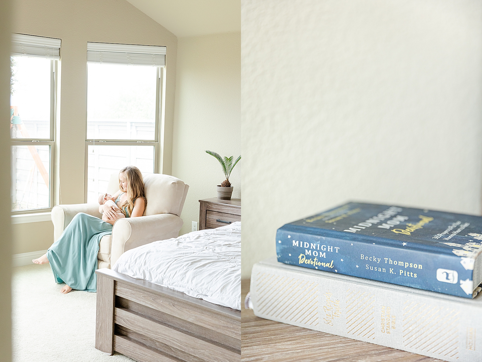 lifestyle newborn session mom sitting in rocking chair in nursery and shot of bible and devotion on the nightstand
