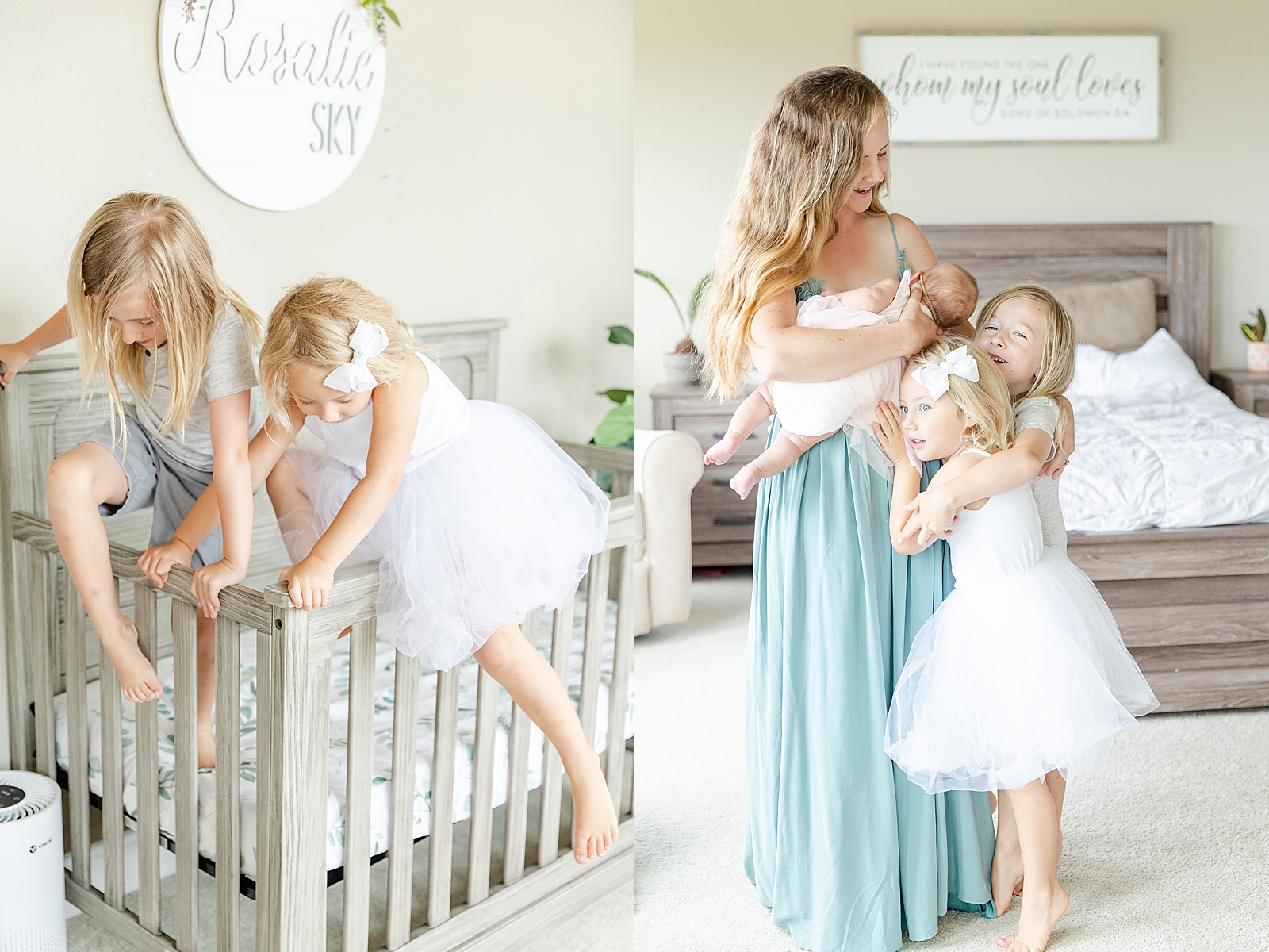 lifestyle newborn session picture of older siblings climbing out of baby crib and hugging mom as she holds baby wearing a teal maxi dress