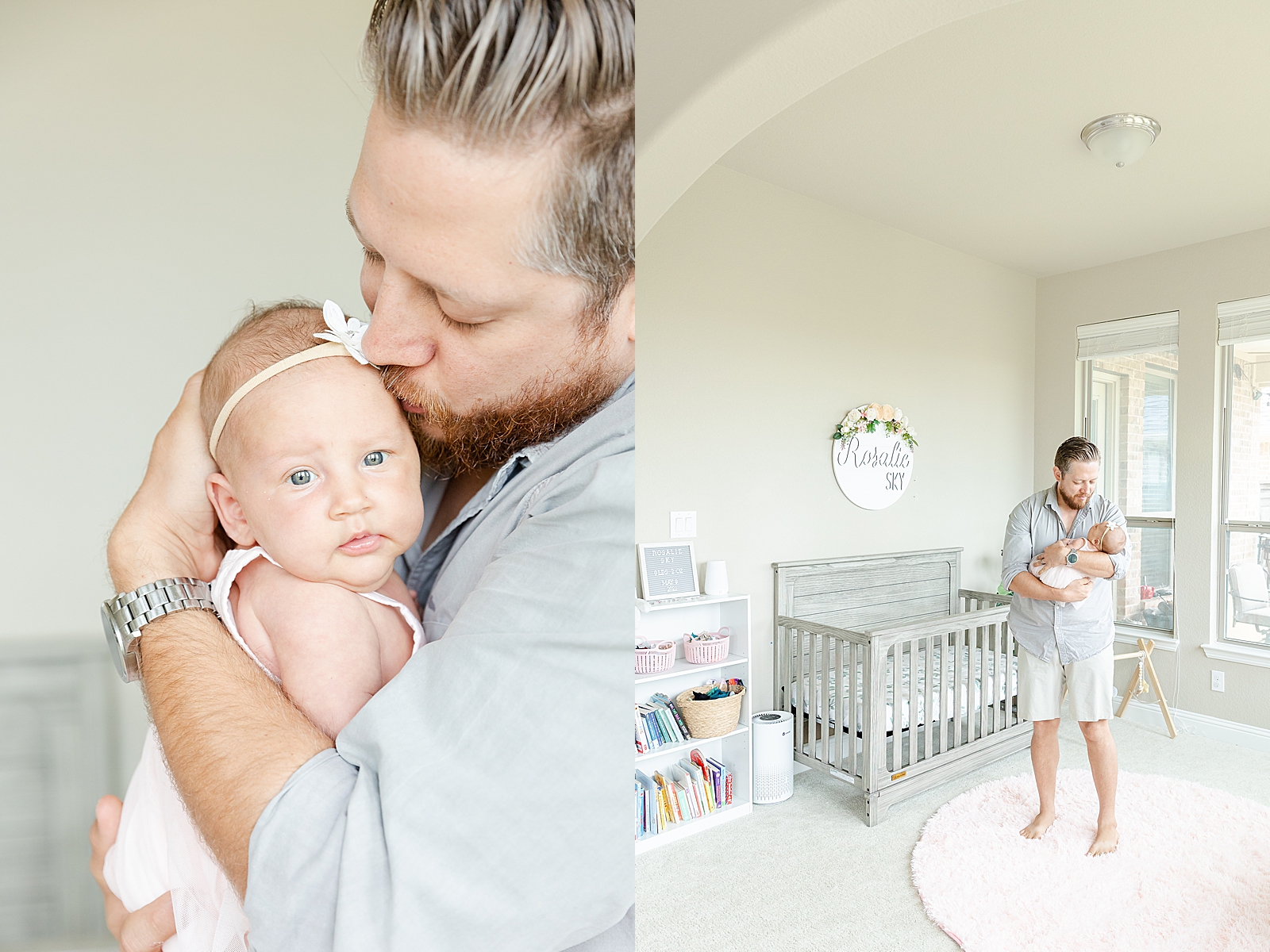 lifestyle newborn session dad kissing baby girls temple in nursery and image of dad soothing and holding baby girl in nursery from far away