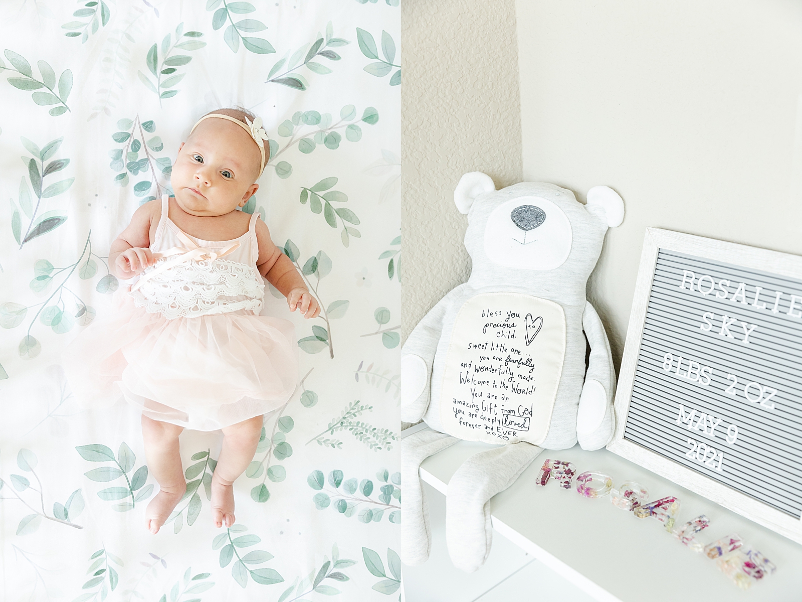 picture of baby girl in her crib wearing light pink dress with greenery sheets and detail shot of birth announcement board and bear
