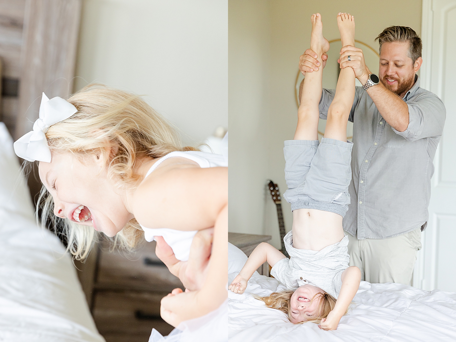 toddler girl laughing as she is thrown on to bed by dad and little boy laughing as dad holds him up on bed by his feet as he balances on his head