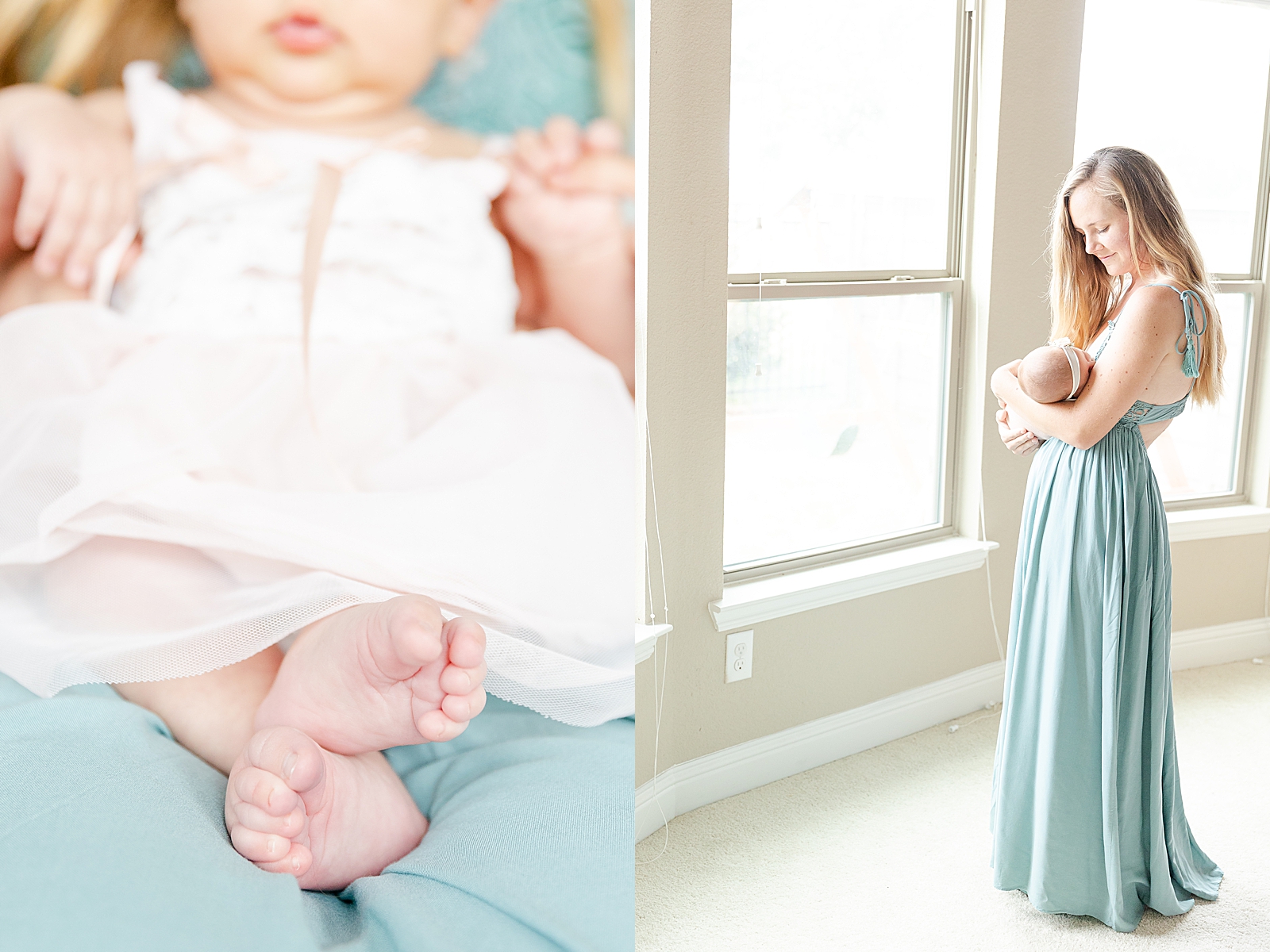 lifestyle newborn session of mom wearing teal maxi dress and nursing baby girl and photo of a close up of baby feet