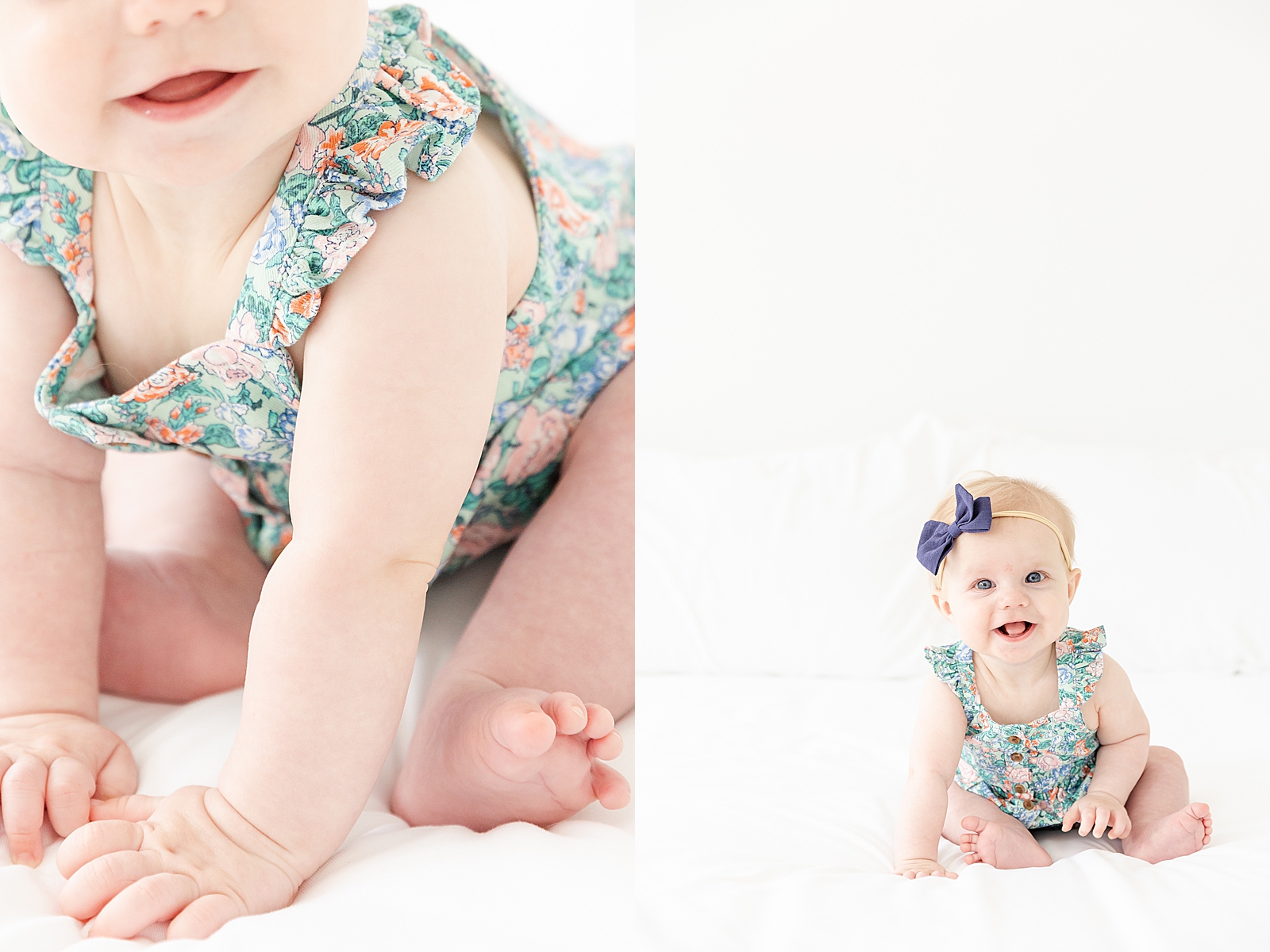 Studio Family Session 6 month old baby smiling and sitting on white bed with close up shot of her fingers and toes