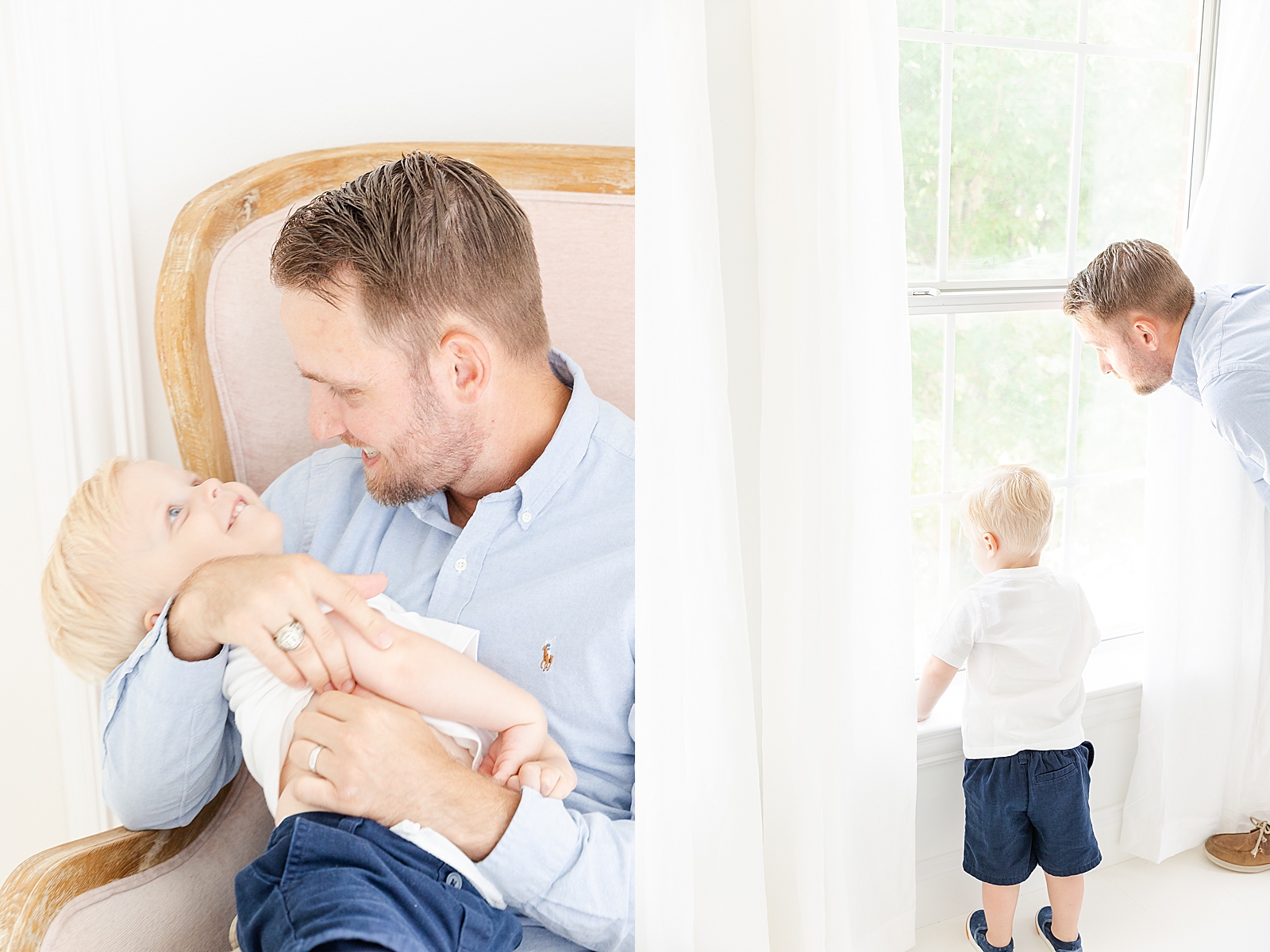 studio family session with dad tickling toddler boy and dad and toddler looking out the window