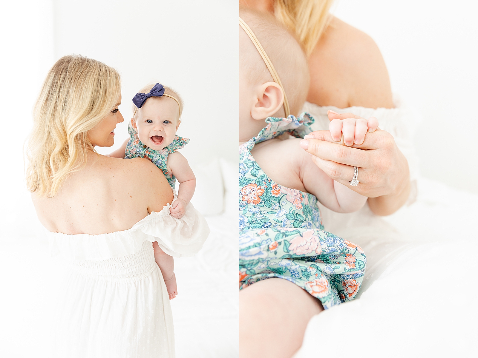 studio family session blonde mom in white dress holding baby girl over her shoulder smiling and image of her holding baby hand with a close up on wedding ring