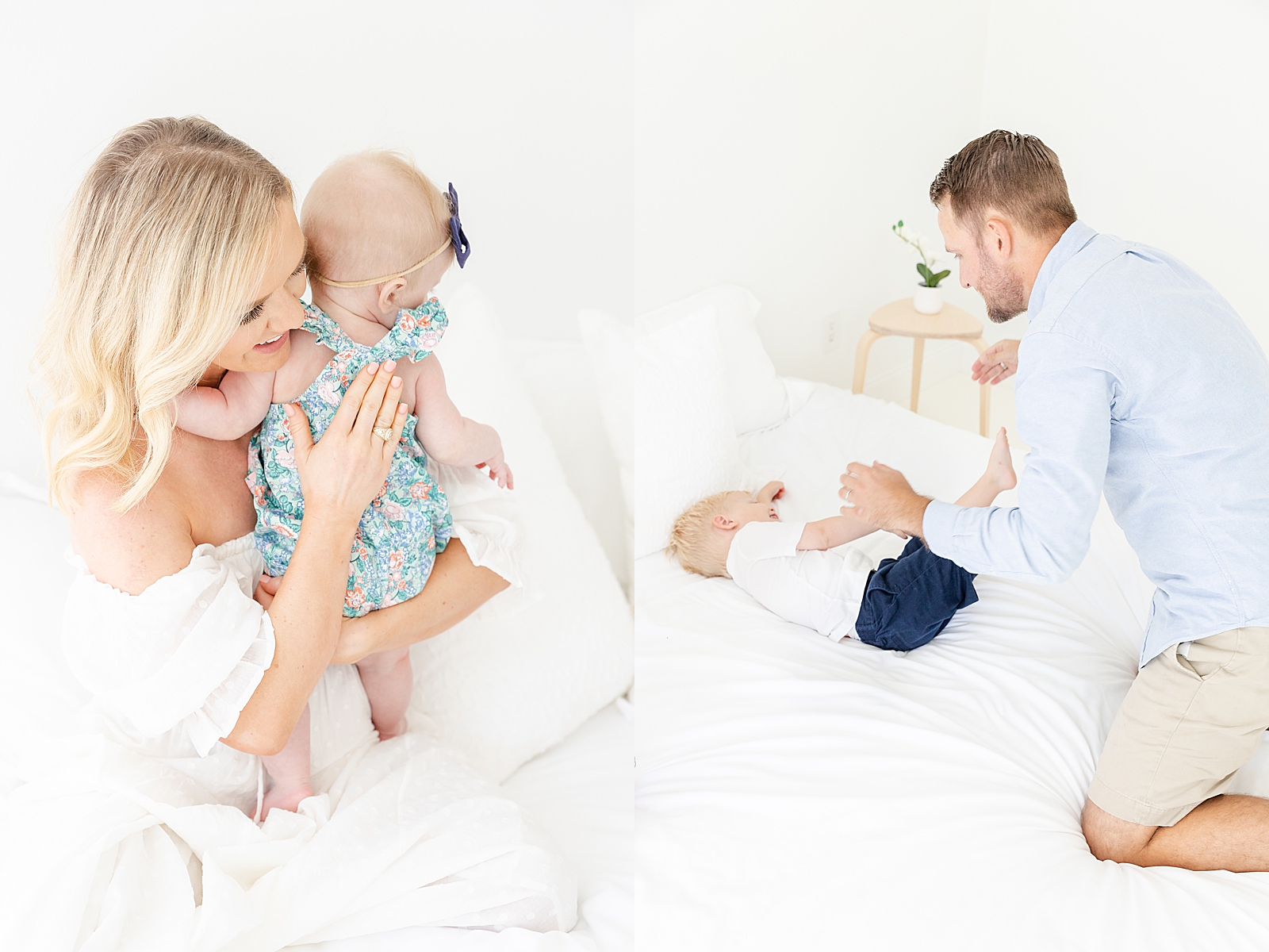 studio family session mom holding on to baby girl while dad tickles toddler boy on the bed