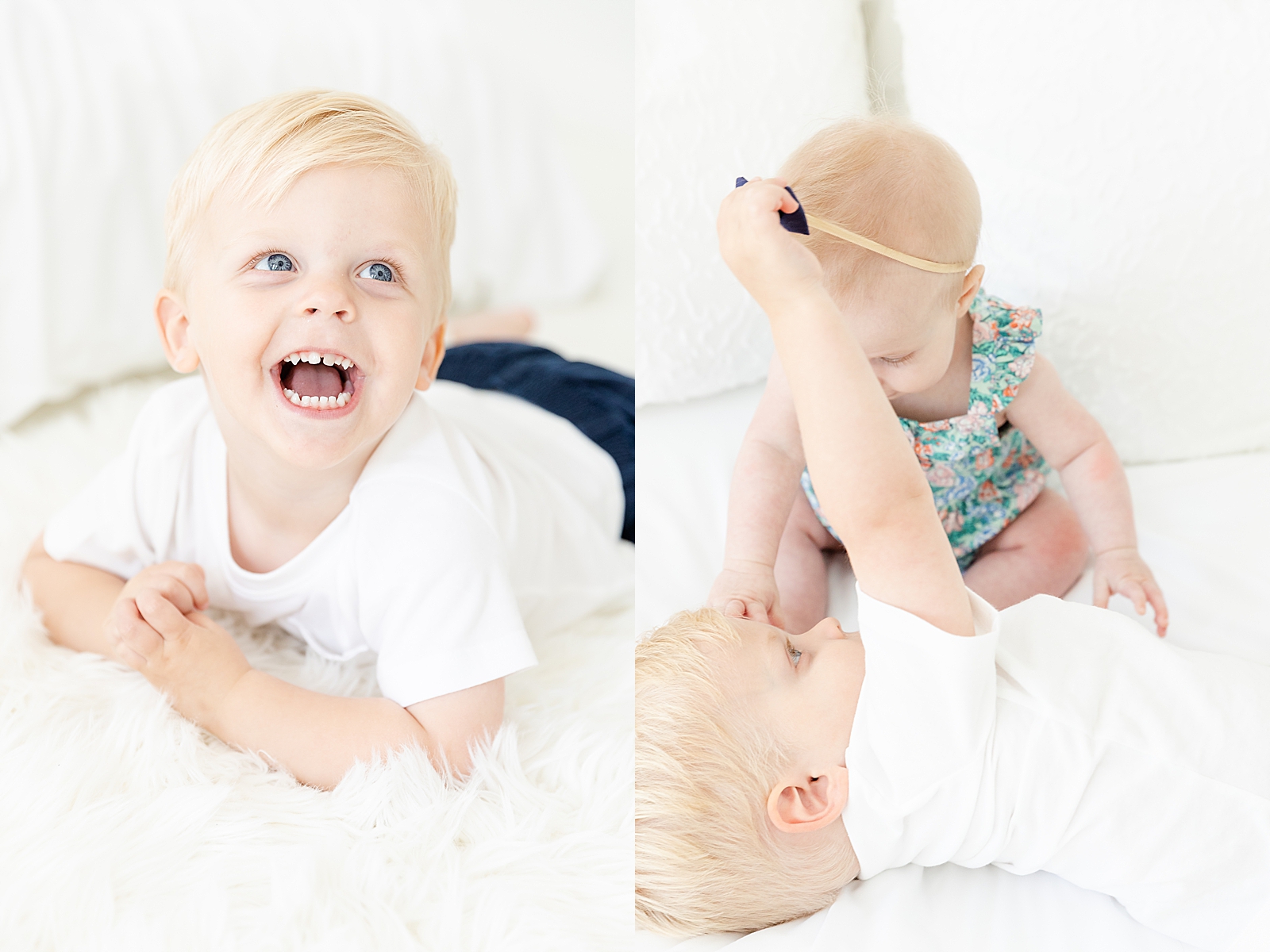 toddler boy laying on tummy on fur rug smiling off camera and toddler boy taking boy off baby sisters head