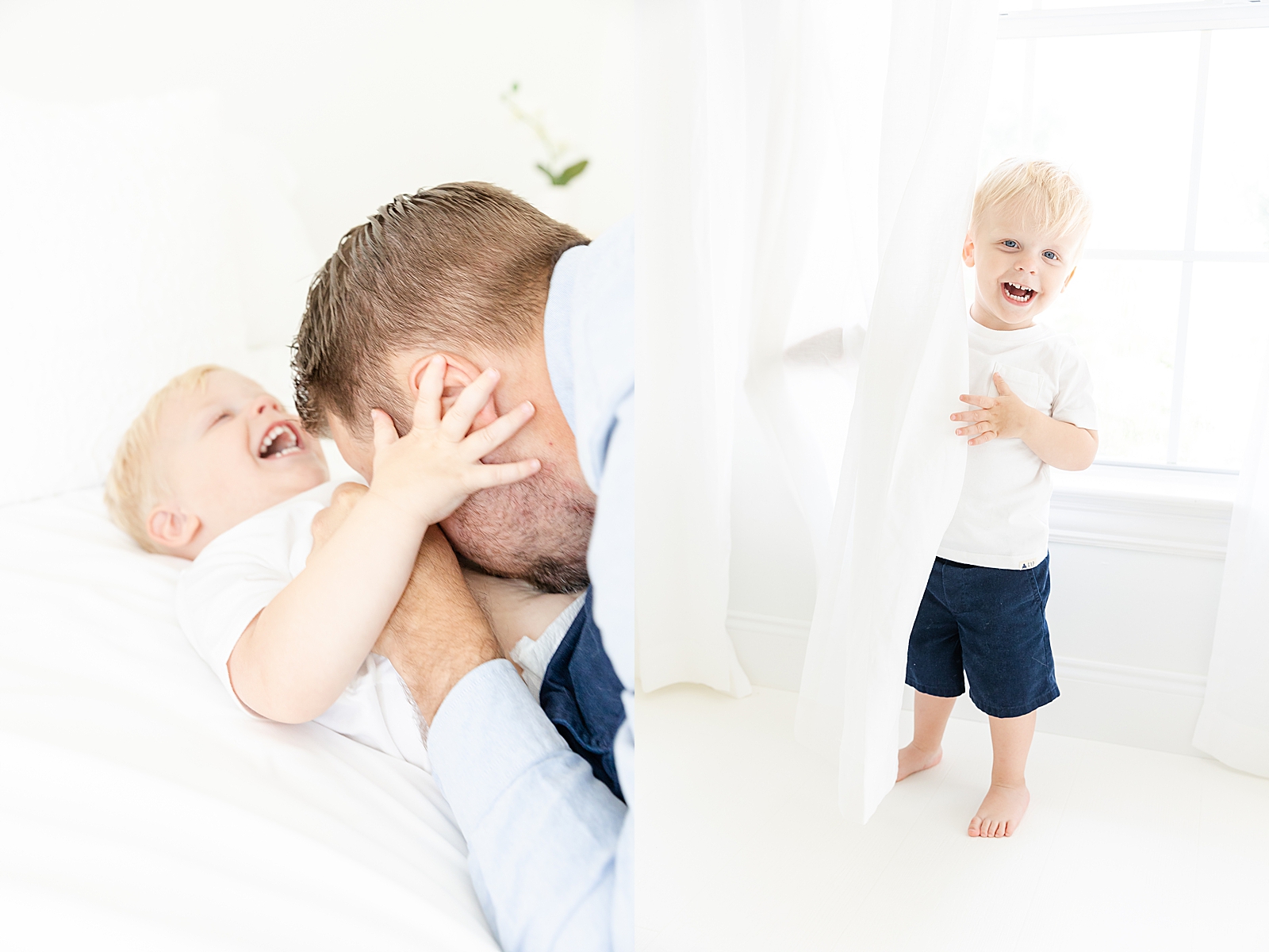 dad blowing a raspberry on toddler toys tummy while he laughs and toddler hiding behind white curtains smiling
